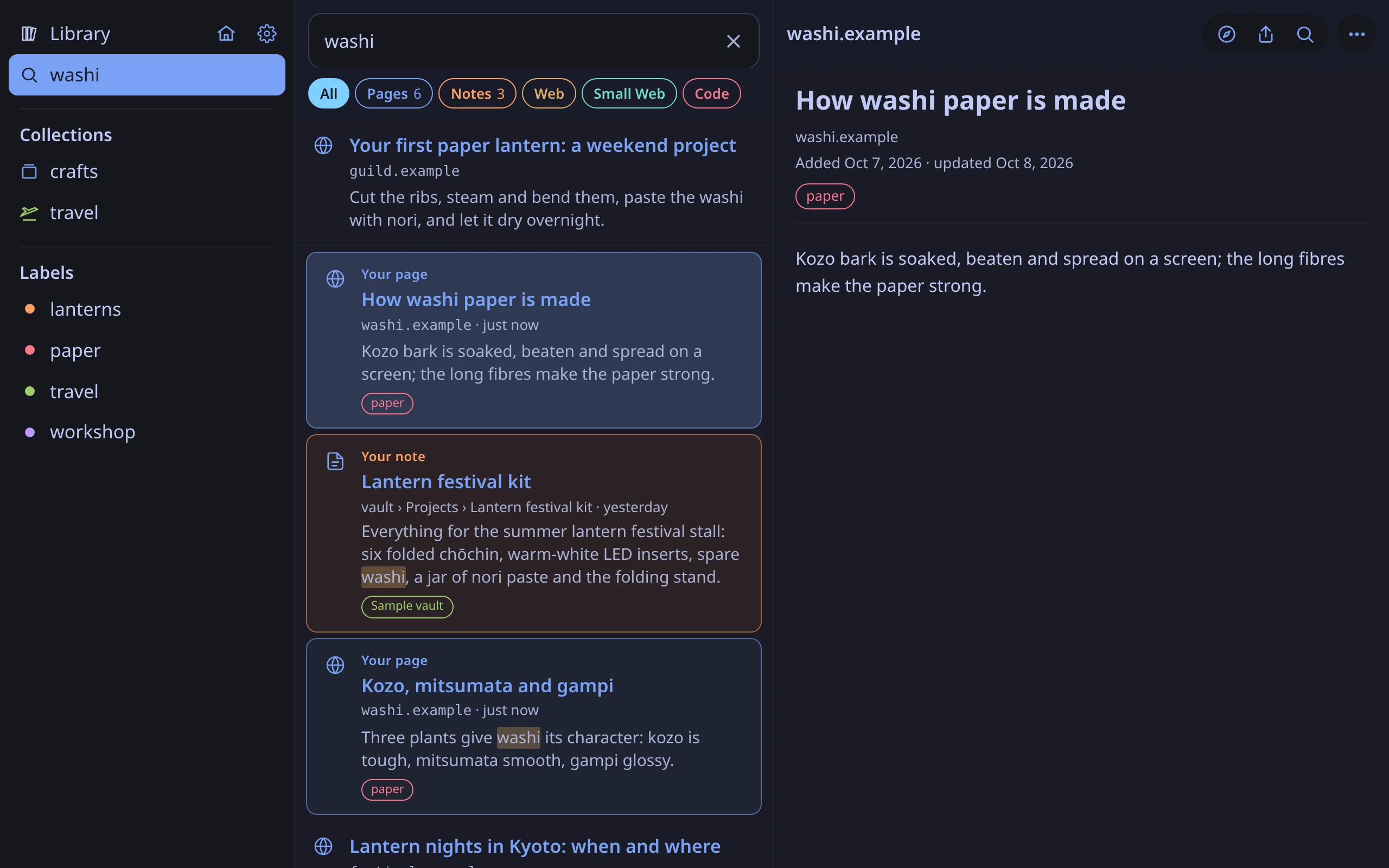 Shiori, the Machiya search app, with results for washi: a web result, your saved pages How washi paper is made and Kozo, mitsumata and gampi, and your note Lantern festival kit in one list. The saved page How washi paper is made is open on the right.