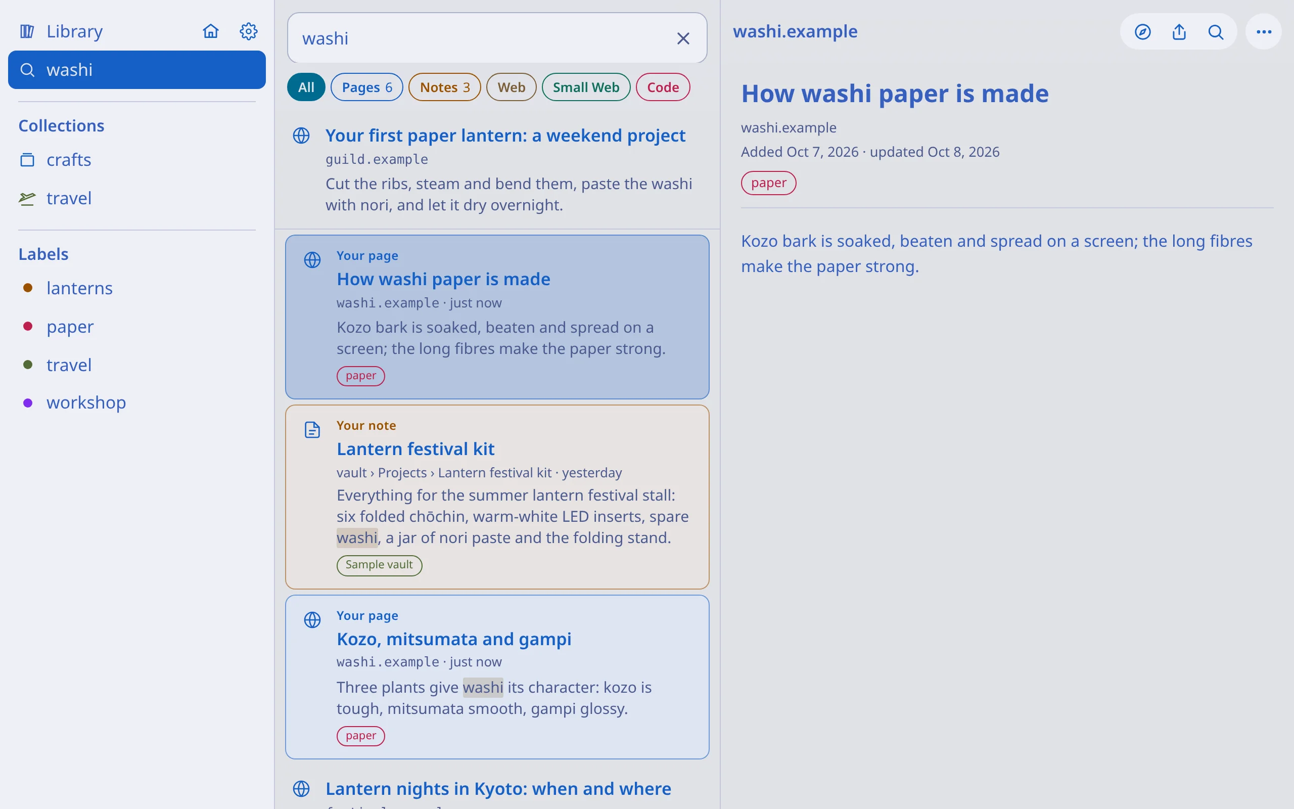 Shiori, the Machiya search app, with results for washi: a web result, your saved pages How washi paper is made and Kozo, mitsumata and gampi, and your note Lantern festival kit in one list. The saved page How washi paper is made is open on the right.
