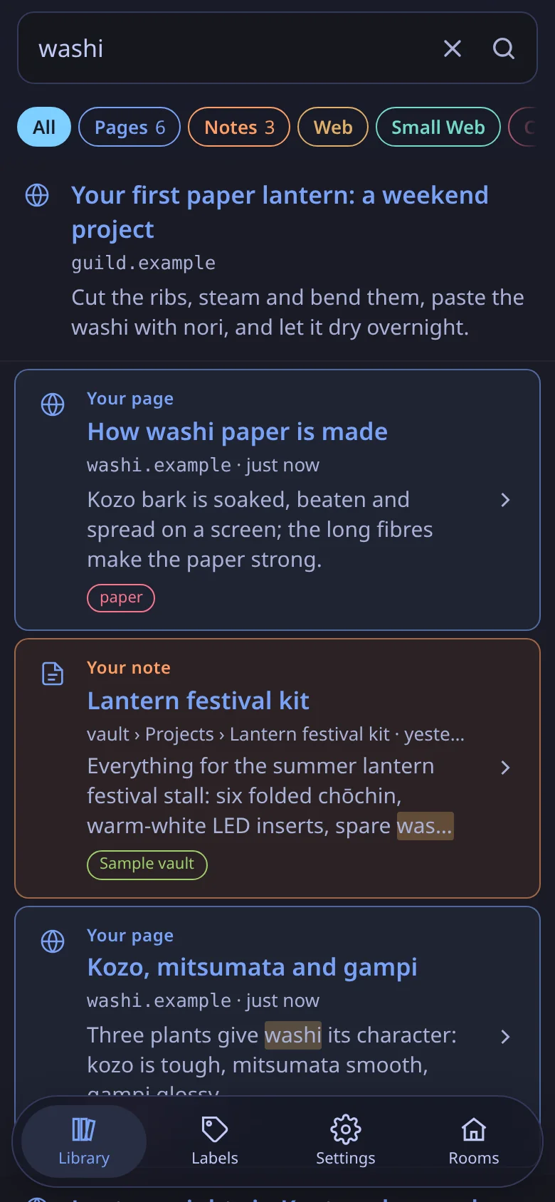 The same search for washi in Shiori on a phone.