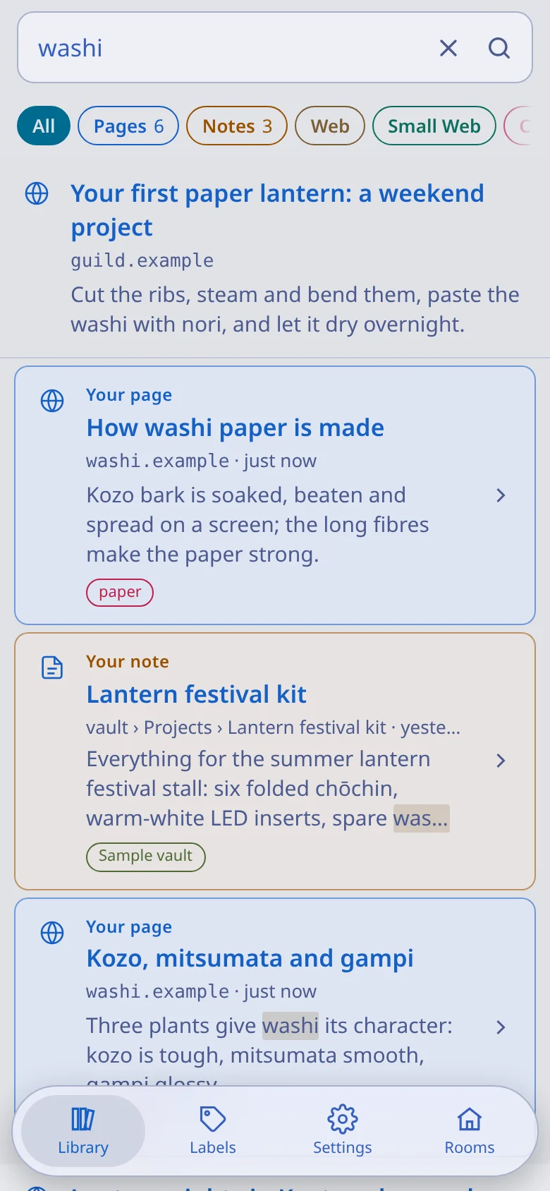 The same search for washi in Shiori on a phone.