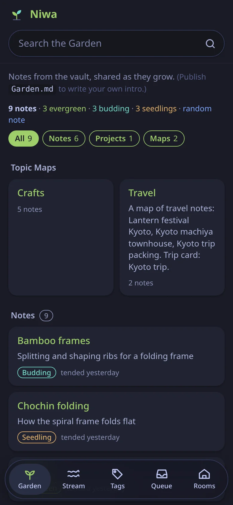 Niwa on a phone: the published notes, with topic maps for crafts and travel, then every note, most recently tended first, marked Seedling, Budding or Evergreen.