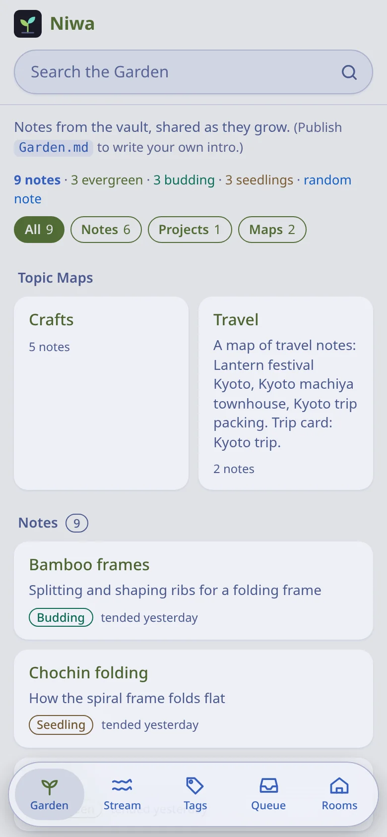Niwa on a phone: the published notes, with topic maps for crafts and travel, then every note, most recently tended first, marked Seedling, Budding or Evergreen.