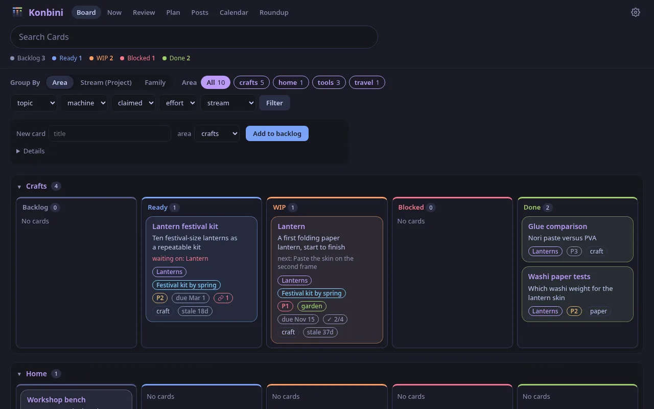 Konbini's board for the sample vault: cards grouped by area in Backlog, Ready, WIP, Blocked and Done columns, each card tinted in its column's colour, with a Group By switch and Area pills above.