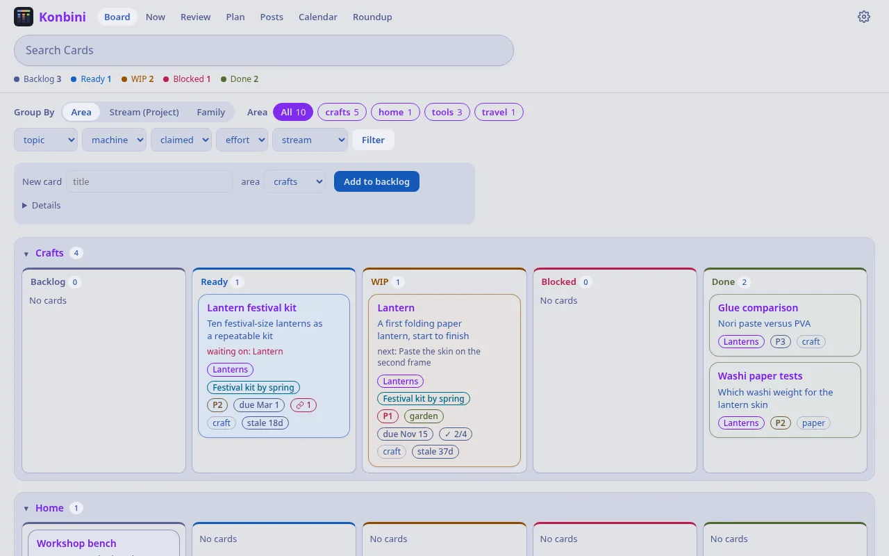 Konbini's board for the sample vault: cards grouped by area in Backlog, Ready, WIP, Blocked and Done columns, each card tinted in its column's colour, with a Group By switch and Area pills above.