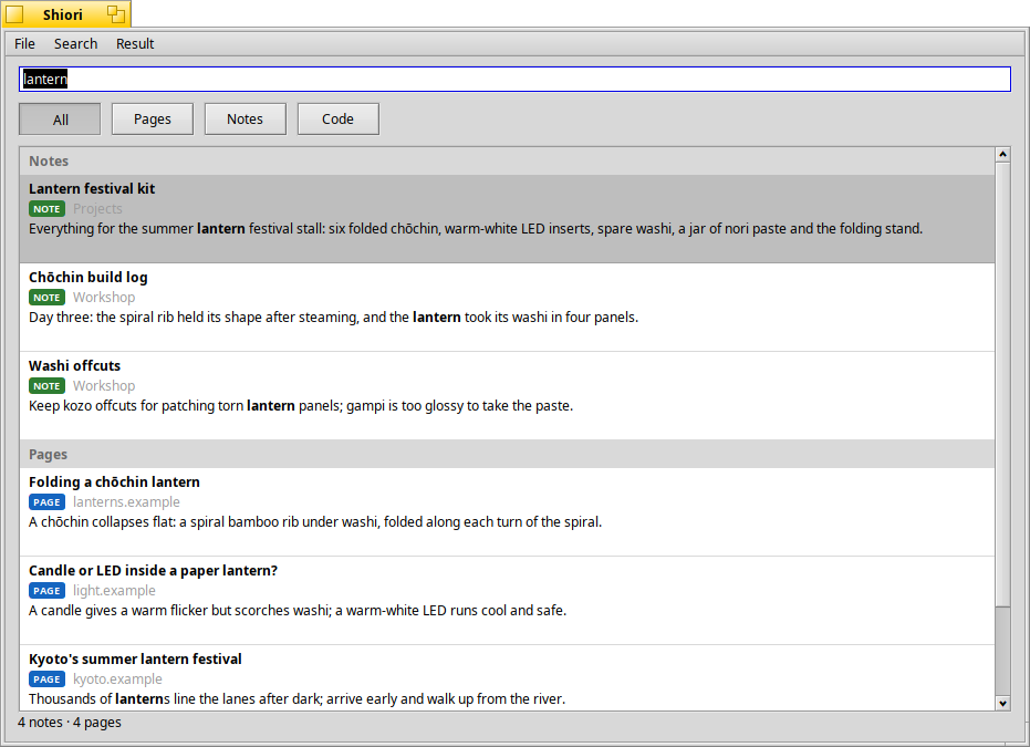 Shiori on Haiku: a search for lantern lists sample notes and saved pages in a native Haiku window.